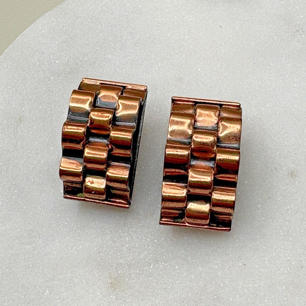 Vtg Renior Copper Clip On Earrings Woven Woven Corrugated Half Hoop Southwest